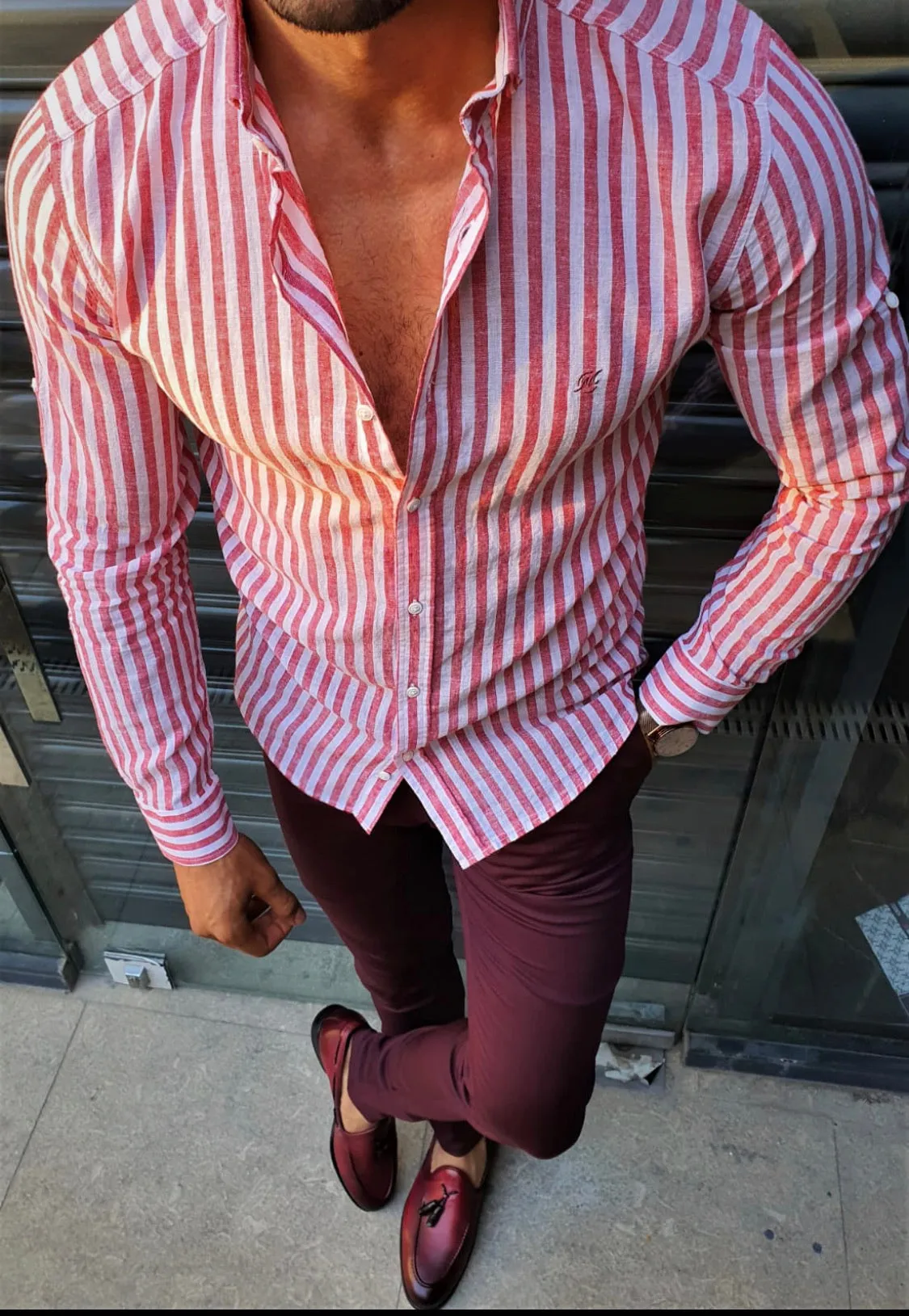 Ardenza Claret Red Slim Fit Striped Shirt