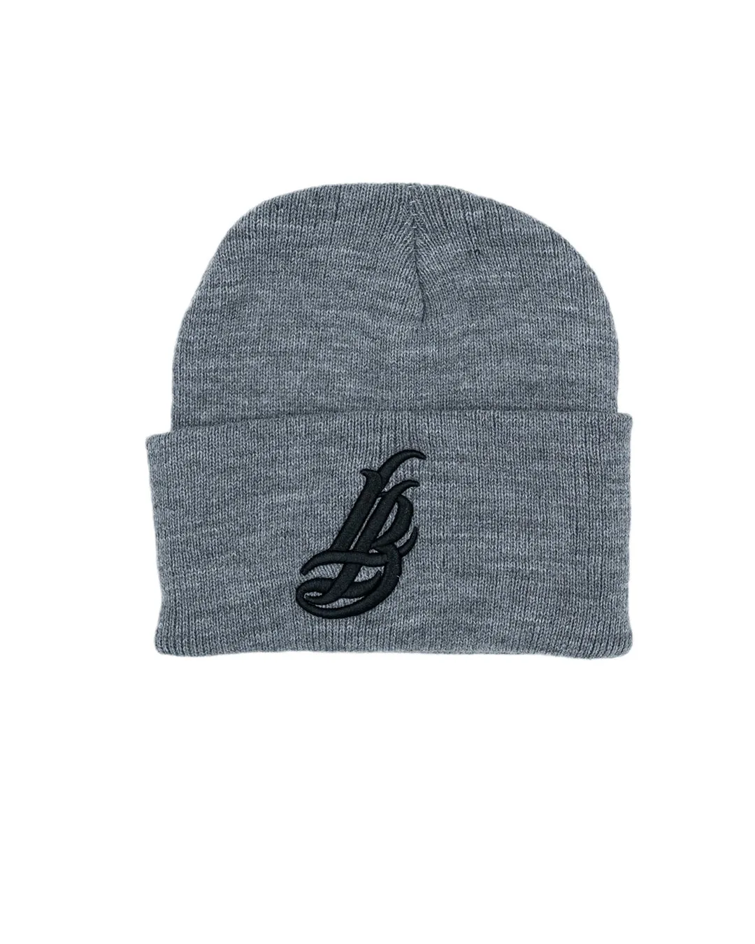 Cursive LB Black on Heather Grey Long Beanie