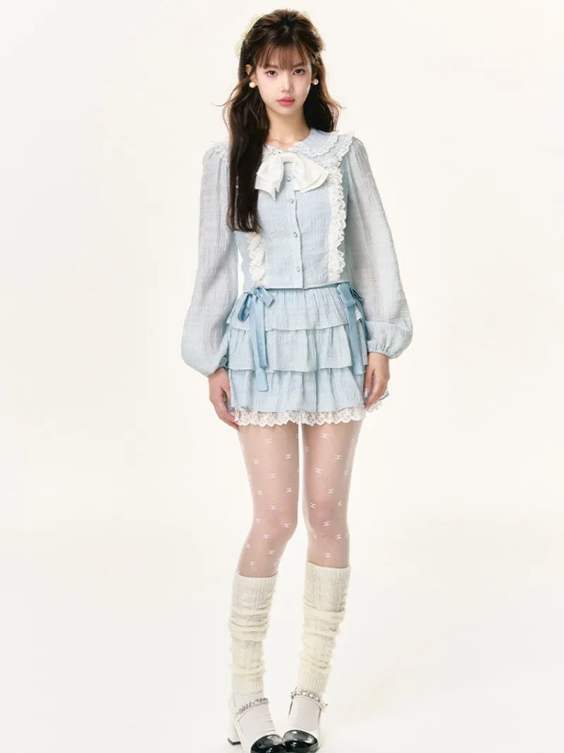 Frill Set-Up Girly Wrinkled Lace Ribbon Cute Blouse＆Mini-Skirt