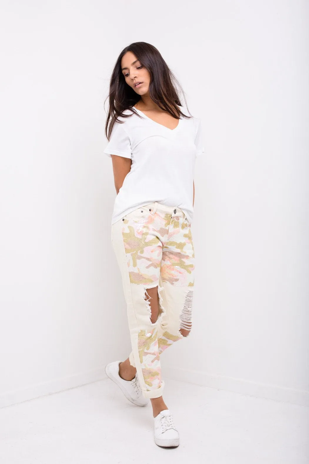 Midori Boyfriend Jean In Ecru Twill With Pink Camo Sequin