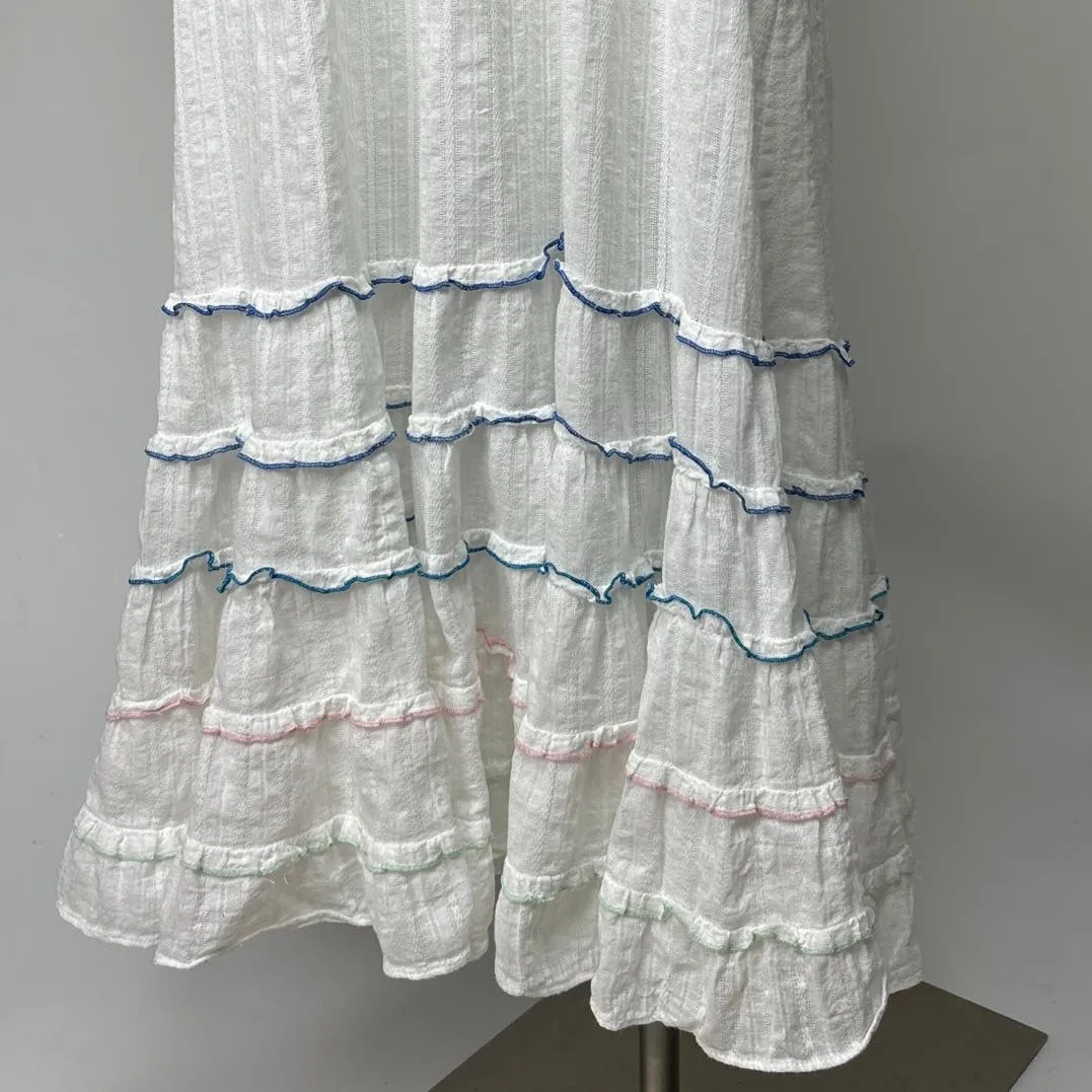 Playa Lucila White Smocked Tassel Spaghetti Strap Tiered Ruffle Maxi Dress Sz XS