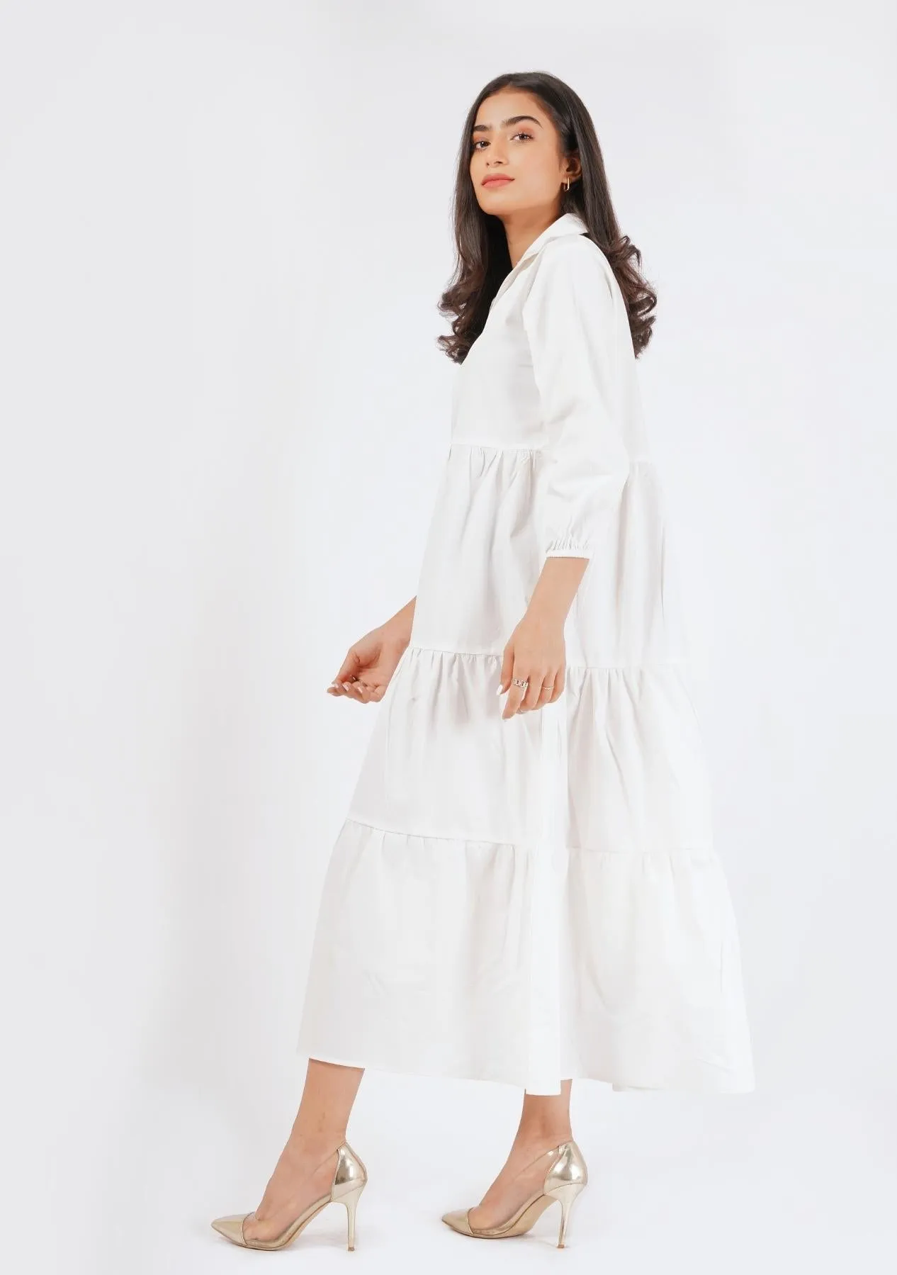 V Neck Collared Dress - white
