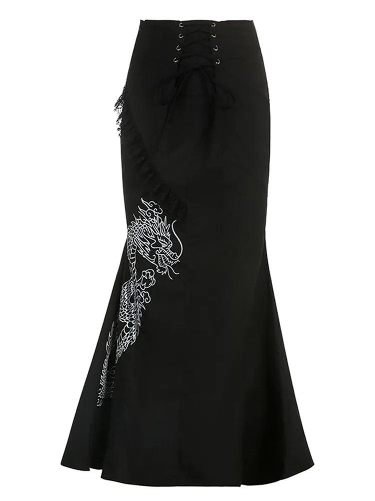 Women's Chinese Style Lace Dragon Printed A-Line Mid Waist Maxi Skirt