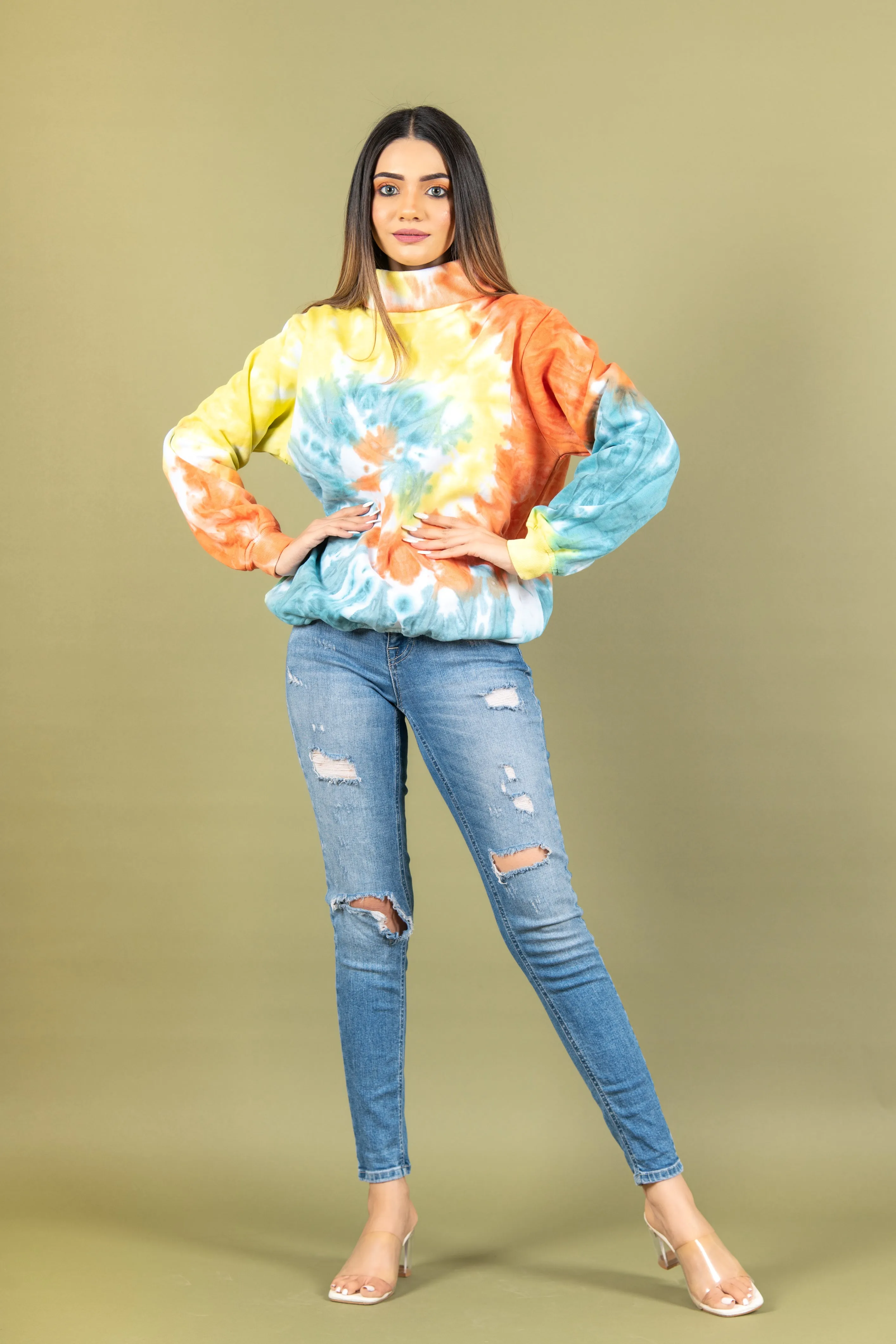 Yellow and Orange Tie and Dye Turtleneck For Women